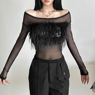 Long sleeve off shoulder feather letter embroidery top