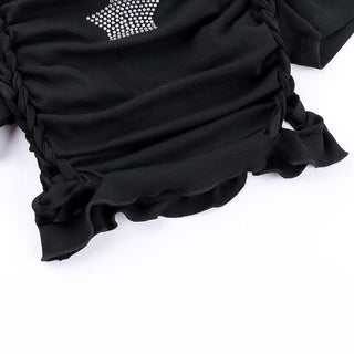 Short sleeve crewneck beaded hollow out cut out top