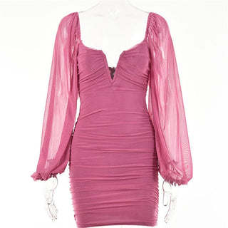 Mesh solid long sleeve ruched notch neck zip-up mini dress