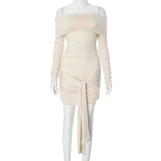 Long sleeve off shoulder ruched knotted mini dress