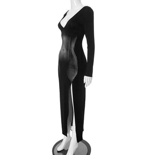 Slit long sleeve deep V neck print backless maxi dress