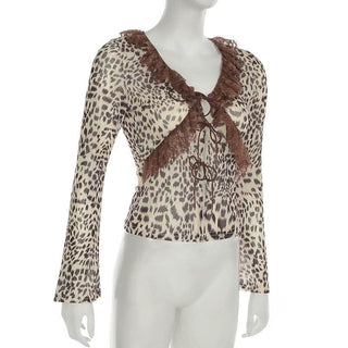 Long sleeve mesh lace hem leopard print self tie top