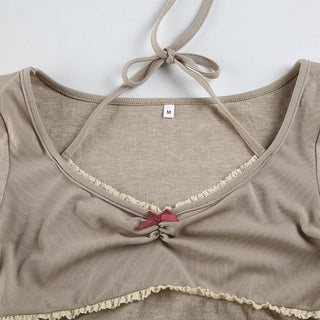 Long sleeve halter bowknot lace hem top