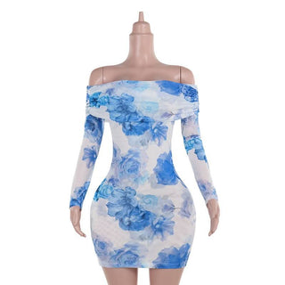 Off shoulder long sleeve flower print mesh mini dress