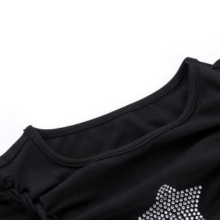 Short sleeve crewneck beaded hollow out cut out top
