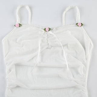 Flower applique ribbon ruched lace hem cami top