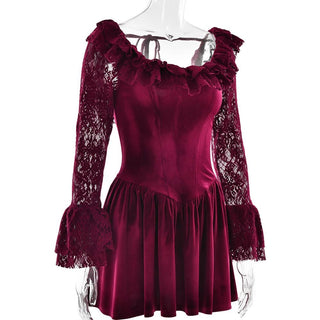 Long sleeve lace velvet self tie mini dress
