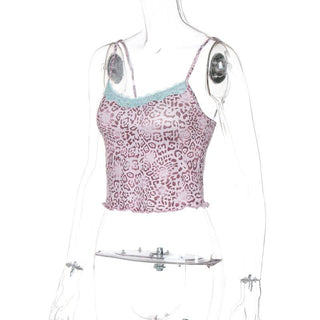 Print lace hem u neck backless cami top