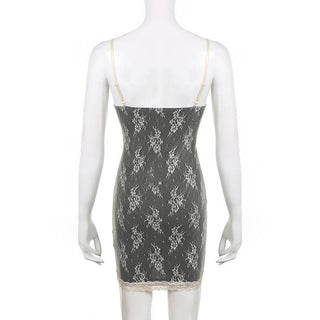 Lace contrast lace up v neck backless 2 piece cami dress