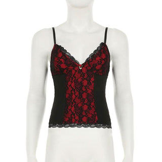 V neck lace hem flower applique backless cami top