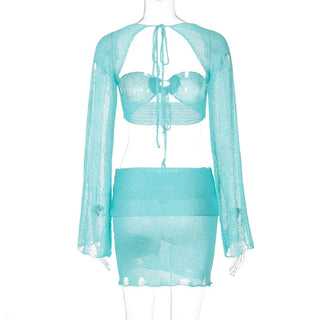 Long sleeve hollow out shrug 3 piece mini skirt set