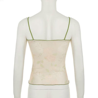 V neck flower print bowknot mesh cami top