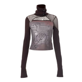 Long sleeve hollow out high neck button print cut out top