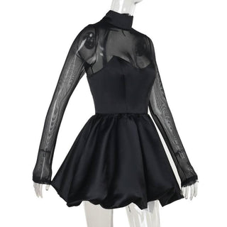 Long sleeve high neck zip-up mesh patchwork mini dress