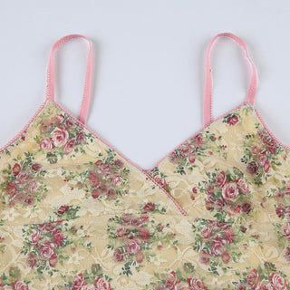V neck lace flower print cami top