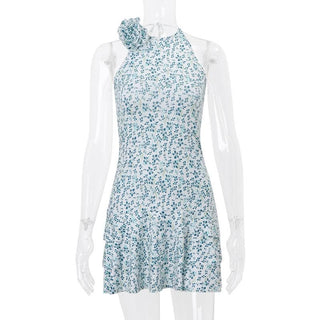 Halter print flower applique mini dress