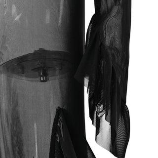Long flared sleeve sheer mesh ruffle slit maxi dress
