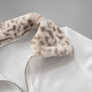 Zip-up long sleeve turnover collar leopard fluffy top