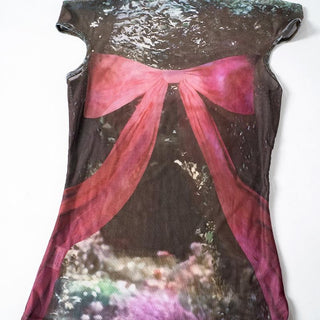 Off shoulder bowknot print sheer mesh top