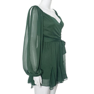 Long puff sleeve mesh print ruched mini dress