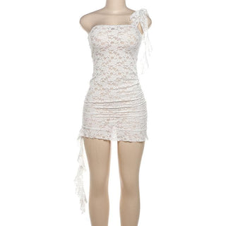 Lace see through one shoulder ruffle knotted ruched mini dress
