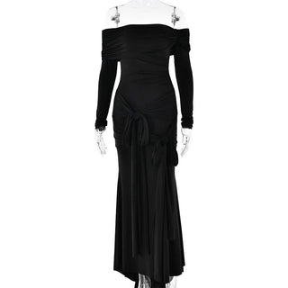 Off shoulder long sleeve ruched self tie maxi dress
