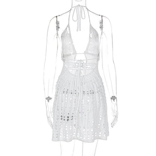 Halter knitted deep V neck see through mini dress