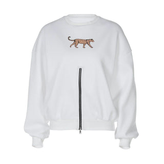 Long sleeve crewneck leopard pattern zip-up top