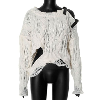 Long sleeve buckle knitted hollow out cut out top