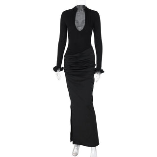 Long sleeve v neck ruched maxi dress