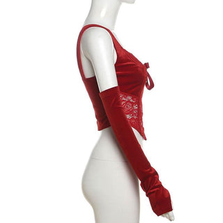 Gloves bowknot lace velvet patchwork cami top