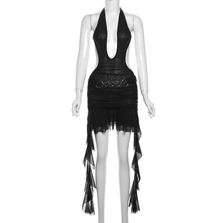 Halter ruffle o ring sheer mesh mini dress
