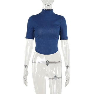 Short sleeve high neck fluffy backless top