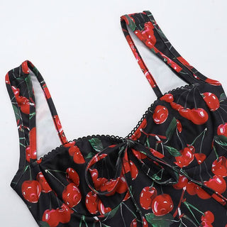 V neck cherry print backless mini dress