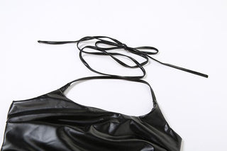 Self tie halter backless irregular PU leather square neck top