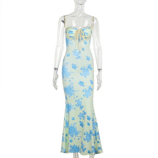 Sweetheart neck ruched lace hem flower print cami maxi dress