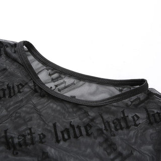 Sheer mesh "hate love" print see through solid long sleeve gloves top