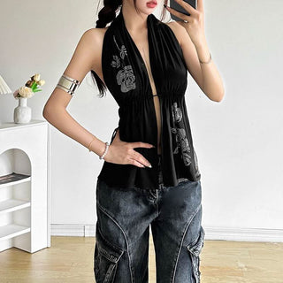 Halter beaded flower pattern ruched backless top