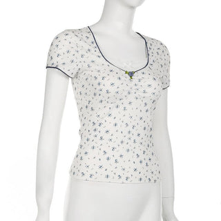 Short sleeve patchwork flower applique print top