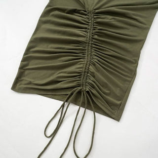 Ruched drawstring self tie long sleeve irregular mini dress