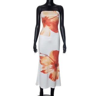 Satin flower print backless contrast tube midi dress