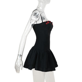 Sweetheart neck rose embroidery bowknot cami mini dress