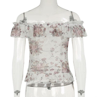 Off shoulder ruffle mesh flower print top