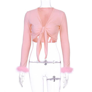 Feather knotted mesh see through long sleeve crop top