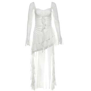 Long flared sleeve irregular mesh ruched mini dress