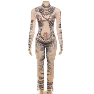 Sheer mesh abstract contrast see through long sleeve high neck jumpsuit