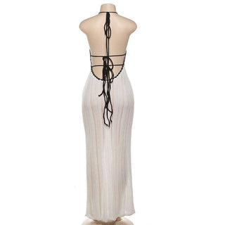 Halter v neck backless self tie knitted maxi dress