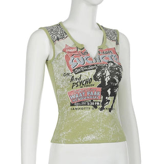 Notch neck print contrast tank top