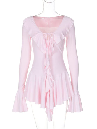 V neck long flared sleeve self tie ruffle mini dress