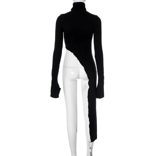 High neck long sleeve irregular solid top